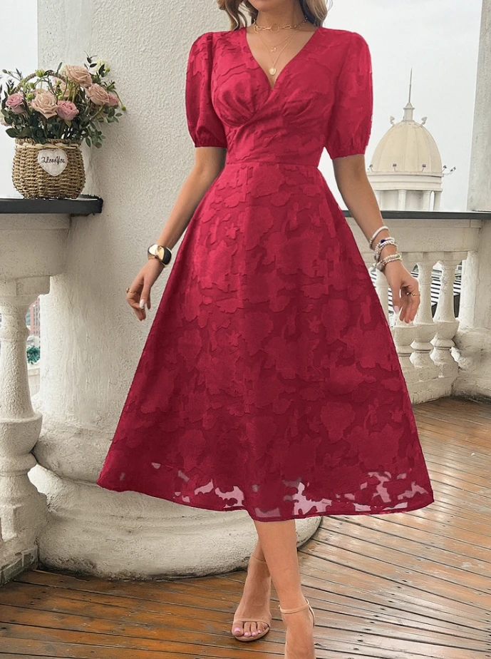 

Retro French Evening Dress Summer Elegant Embroidered Crochet Printed Bubble Sleeves V-Neck A-Line Skirt High Waist Party Dress