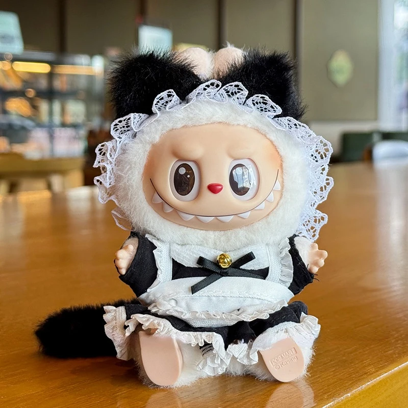 15/17 cm carino Labubu 1a-3a generazione bambola adorabile vestito da cameriera sexy grembiuli multicolori dettagli in pizzo fasce per orecchie di gatto con code di peluche