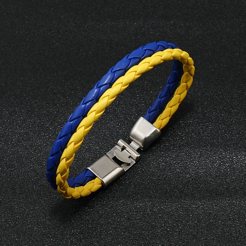 for Creative Blue and Yellow Colorblock Ukrainian Color Bracelet Simple Multilayer Braided Leather Bracelet for Men