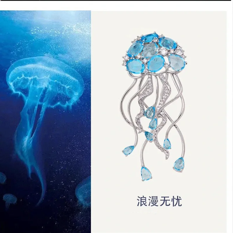 Dream Sea Blue and Red Jellyfish Brooches for Women and Men Suit Accessories Pins High-end Color Crystal Trendy Corsage Broche