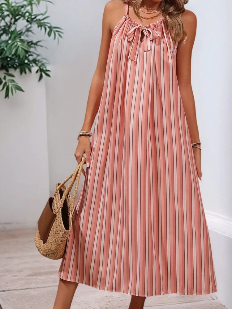 

Dresses 2025 Woman Sweet Elegant Suspender Bow Striped Loose Dress Contrast Beachwear Temperament Vestidos Leace-up Simple Style