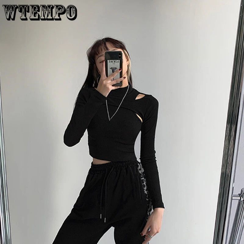 WTEMPO Hollow Knitted Crop Tops Women Slim Fitness Fake Two-piece T-shirt Female Black White Long Sleeve Cut Out Crop Tops