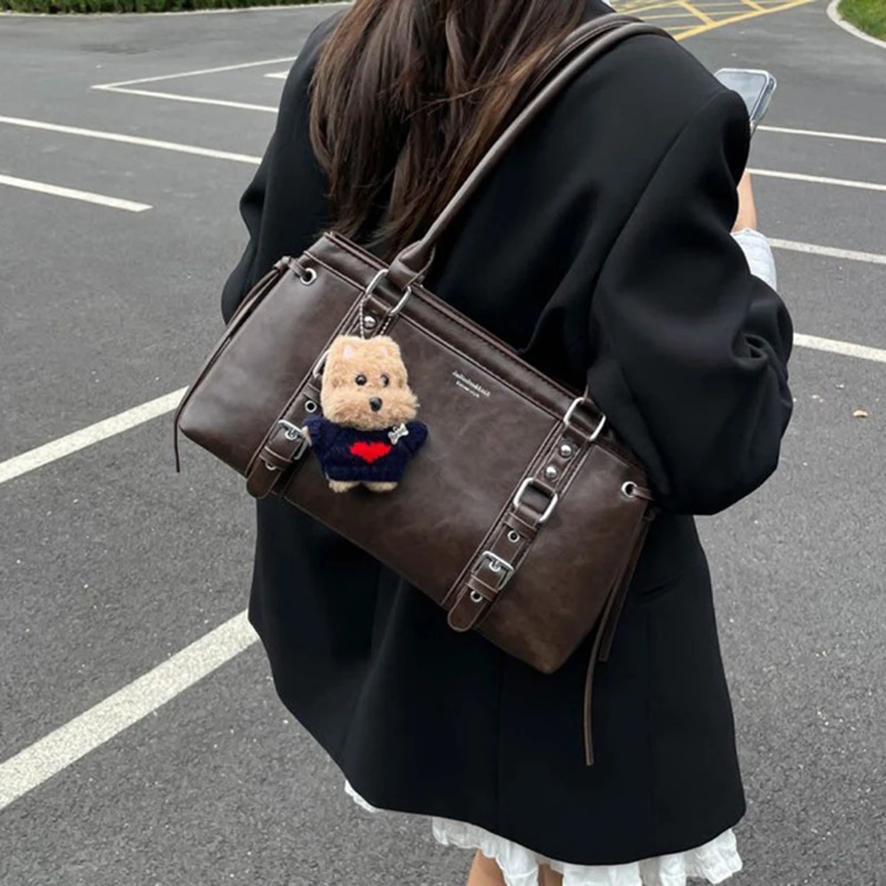 

Solid Color Shoulder Bag Leather Tote Pack Large Capacity Vintage Retro Style Unique Minimalist Design For Daily Commute