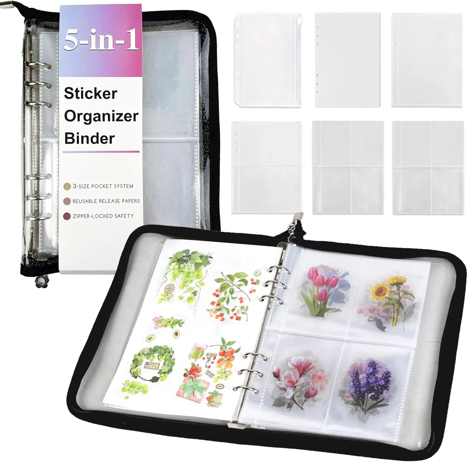 

5-in-1 Sticker Organizer Book Reusable A5 Storage Binder with 220 Pockets,10 Release Papers, Zipper Album Sticker Collect Keeper
