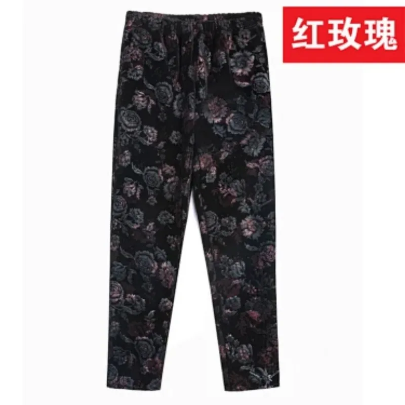 Elderly Women Autumn Winter Velvet Floral Print Pants Loose Warm Thickened Casual Trousers For Grandma Mom