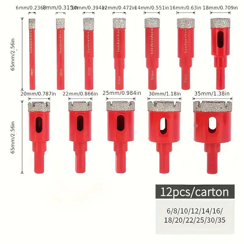 12Pcs Dry Diamond Core Drill Bits 6-35mm, Diamond Hole Saw for Tile, Porcelain, Ceramic, Marble, Granite
