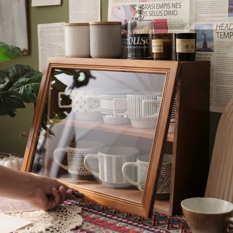 */*Desktop Coffee Cup Storage Box Mug Tea Set Display Case Solid Wood Water Cup Cosmetics Retro Wood With