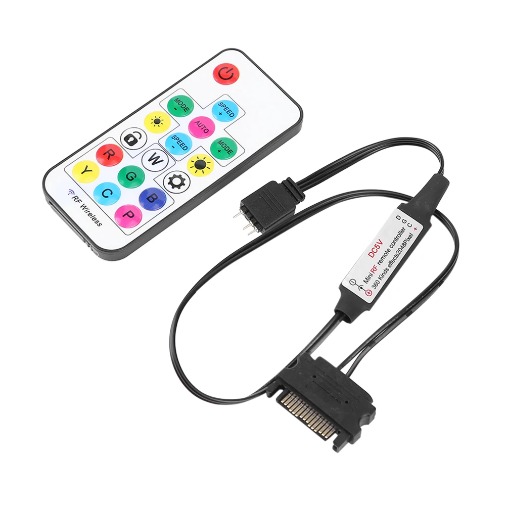 Mando a distancia inalámbrico RF de 5V con batería, controlador LED RGB de 2,4G, 17 teclas, accesorios de 3 pines a SATA de 4 pines para funda de