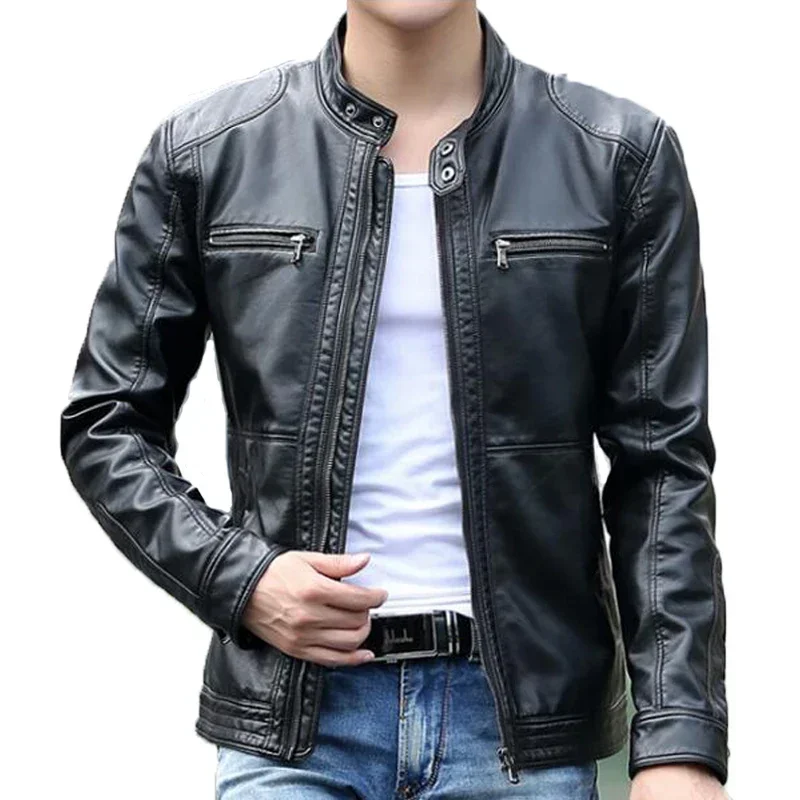 

Motorcycle Men’s Leather Jacket Casual Stand Collar Sheepskin Coat Stylish Slim Fit Outerwear Autumn Winter Fashion Overcoat