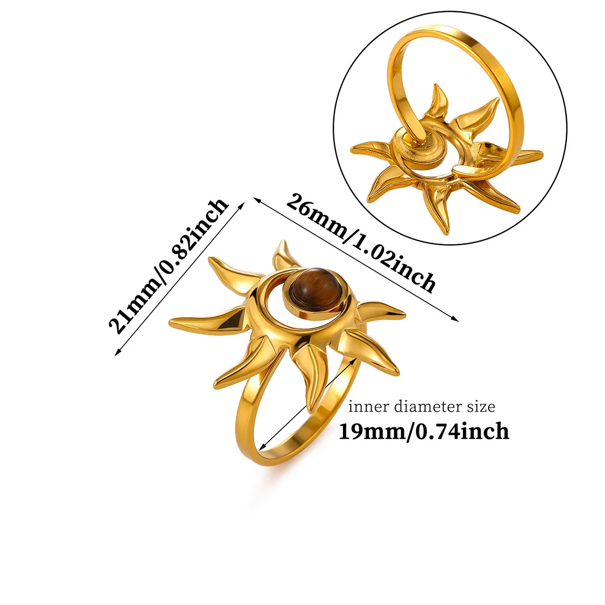 DIEYURO Stainless Steel Vintage Sun Shape Inlay Tiger‑Eye Stone Pearl Ring for Women Waterproof Finger Ring Fashion Jewelry Gift