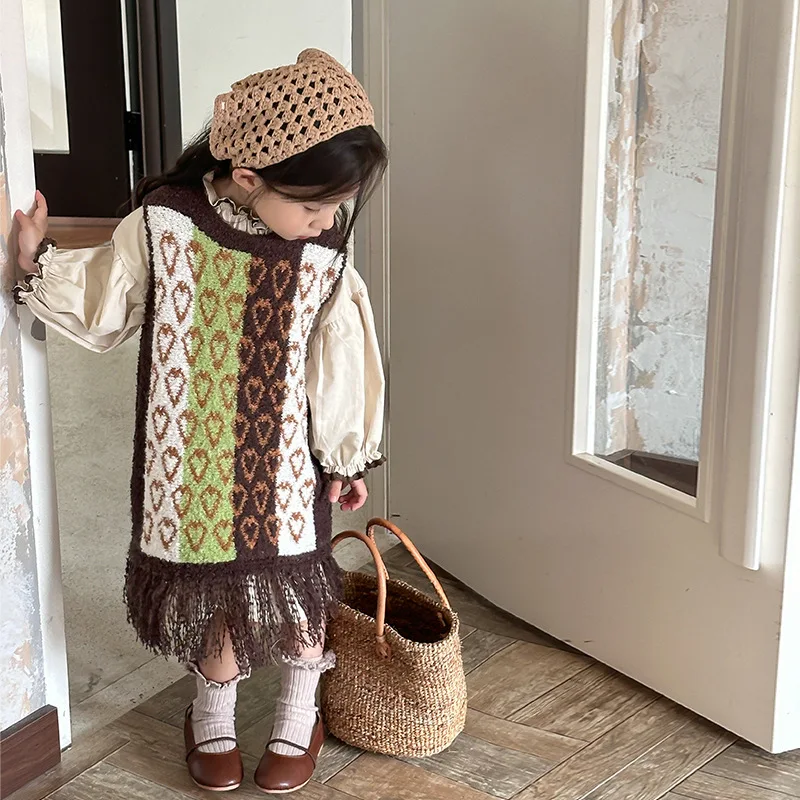 2024 Autumn Children Clothing Sweater Girls Knitted Tassel Vest Skirt Children Woolen Vest Outer Wear