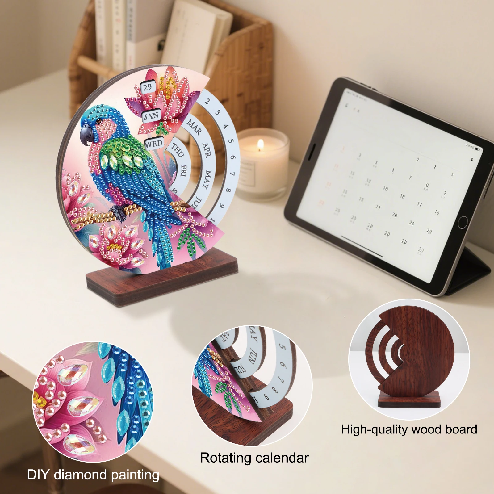 Diamond Painting Rotating Calendar Kit,blue parrot DIY Diamond Art Rotating Day Month Week and Reusable Calendars for Decor Gift view 4
