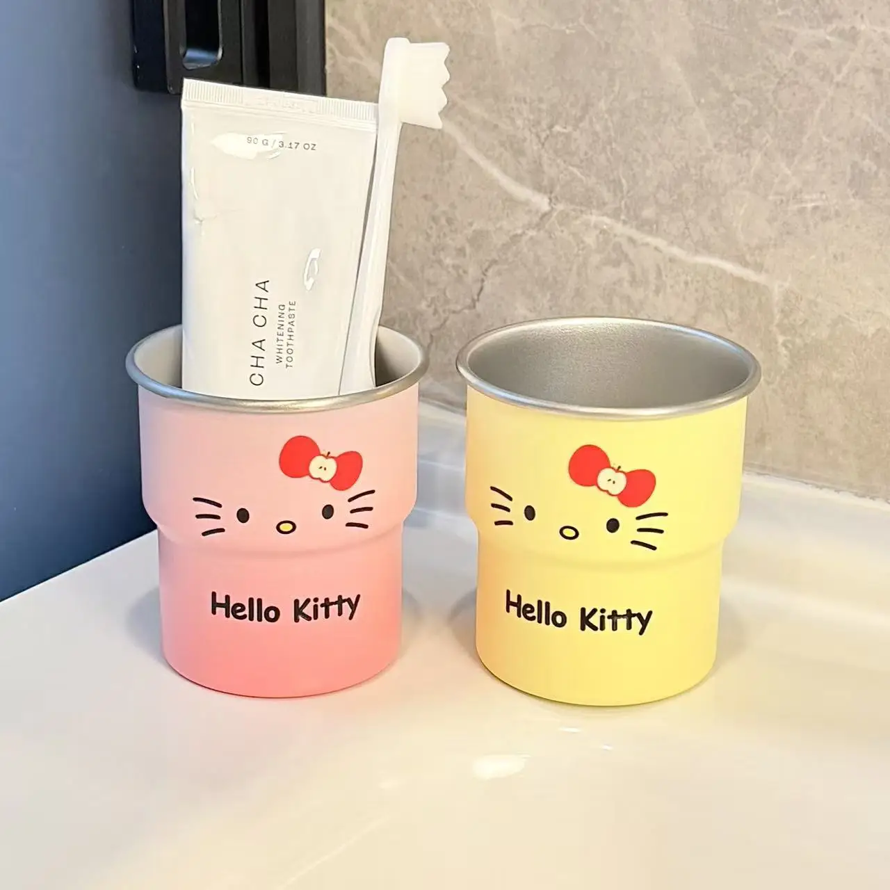 Sanrio Bow Ribbon Kt Cat Stainless Steel Toiletry Cup, Cute, Student-Friendly, Portable Couple-Approved, Home Use, Mouthwash Cup