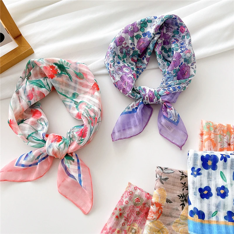 Cotton Linen Neck Scarf For Women Colorful Floral Handkerchief Small Shawls Office Lady Head Neck Tie Female Bag Scarves Decor