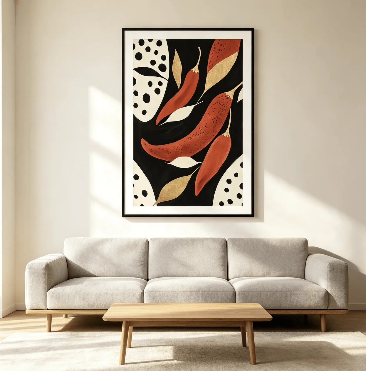 Abstract Red Chili Polka Dot Canvas Wall Art Prints Posters Decor, Modern Vegetable Leaf Poster for Kitchen, Dining Room
