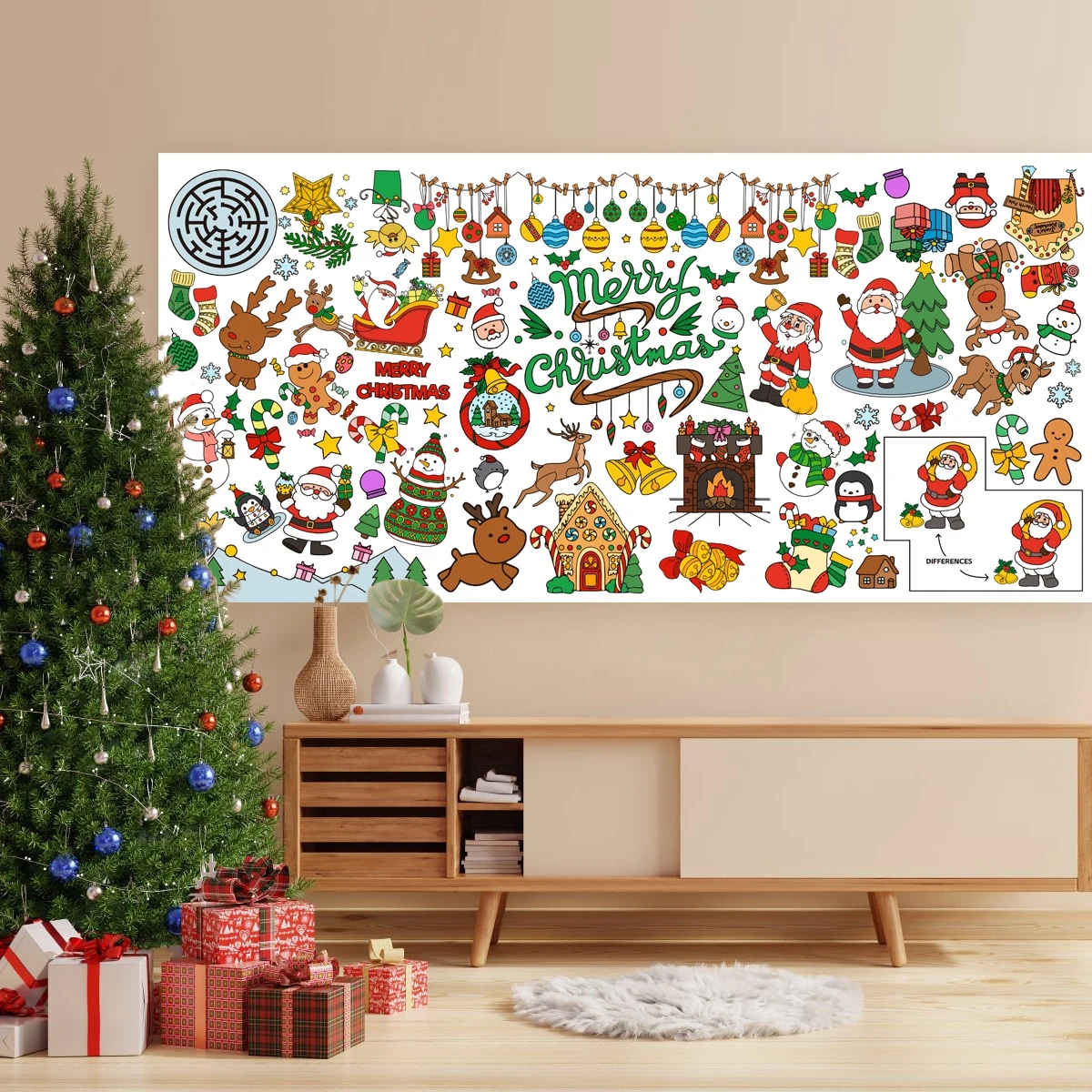 Christmas Doodle Coloring Tablecloth Poster Navidad Natal Noel Banner Merry Christmas Decorations For Home 2024 New Year 2025