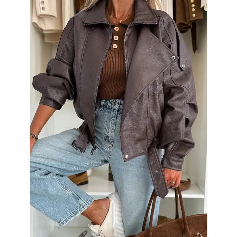 

New Fashion PU Leather Long Sleeve Jacket For Women Turn-Down Collar Loose Simple Coats Zipper Patchwork Spring Autumn Outerwear