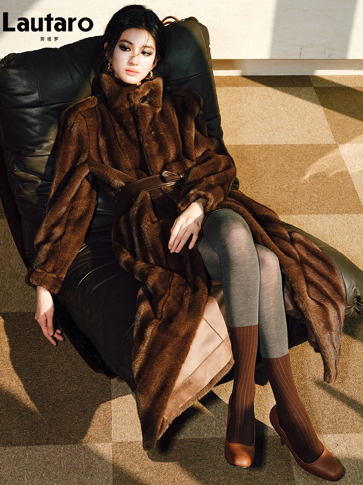 Lautaro Spring Winter Long Soft Thick Warm Brown Faux Mink Fur Coat Women Luxury High Quality Elegant Chic Fluffy Overcoat 2025
