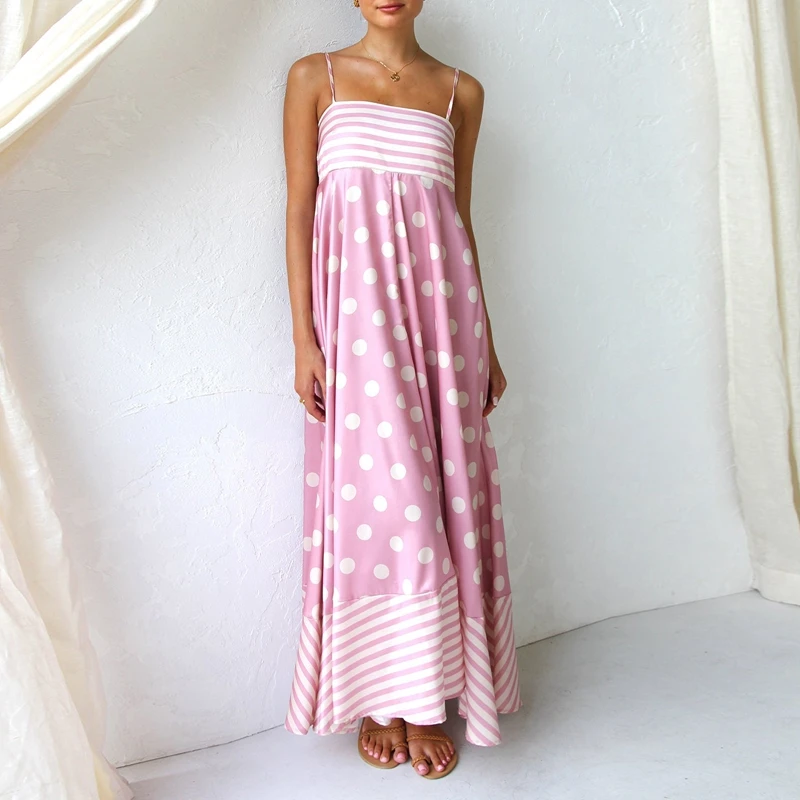 

Women Flowy Slip Dress Sun Flower Print Spaghetti Straps Backless Swing Dress Summer Beach Vacation A-line Long Dress Club Party