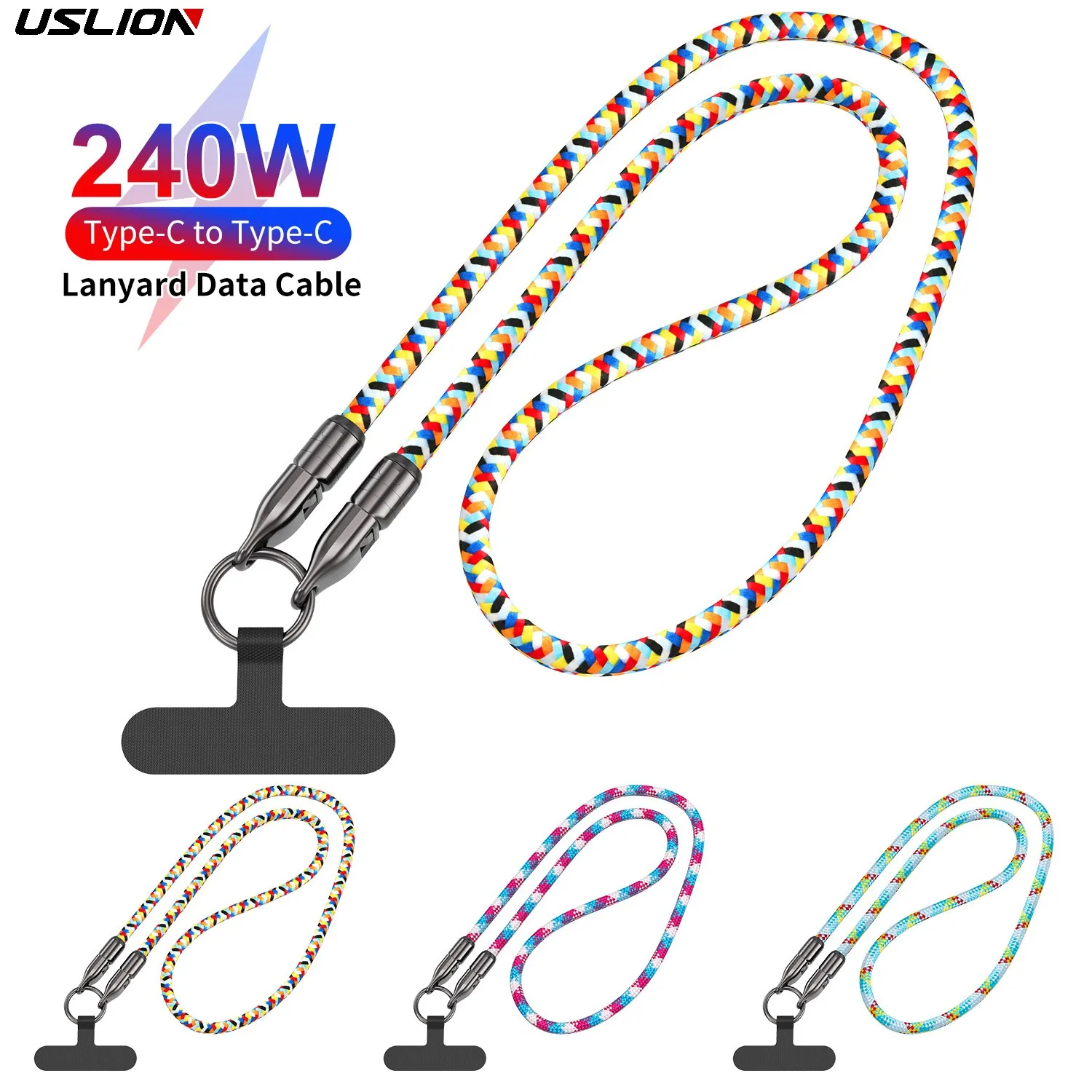 USLION 5A Fast Charging Type-C Data Cable PD240W Crossbody Neck Strap 120CM 1.2M Mobile Phone 2 in 1 Braided Lanyard Cable