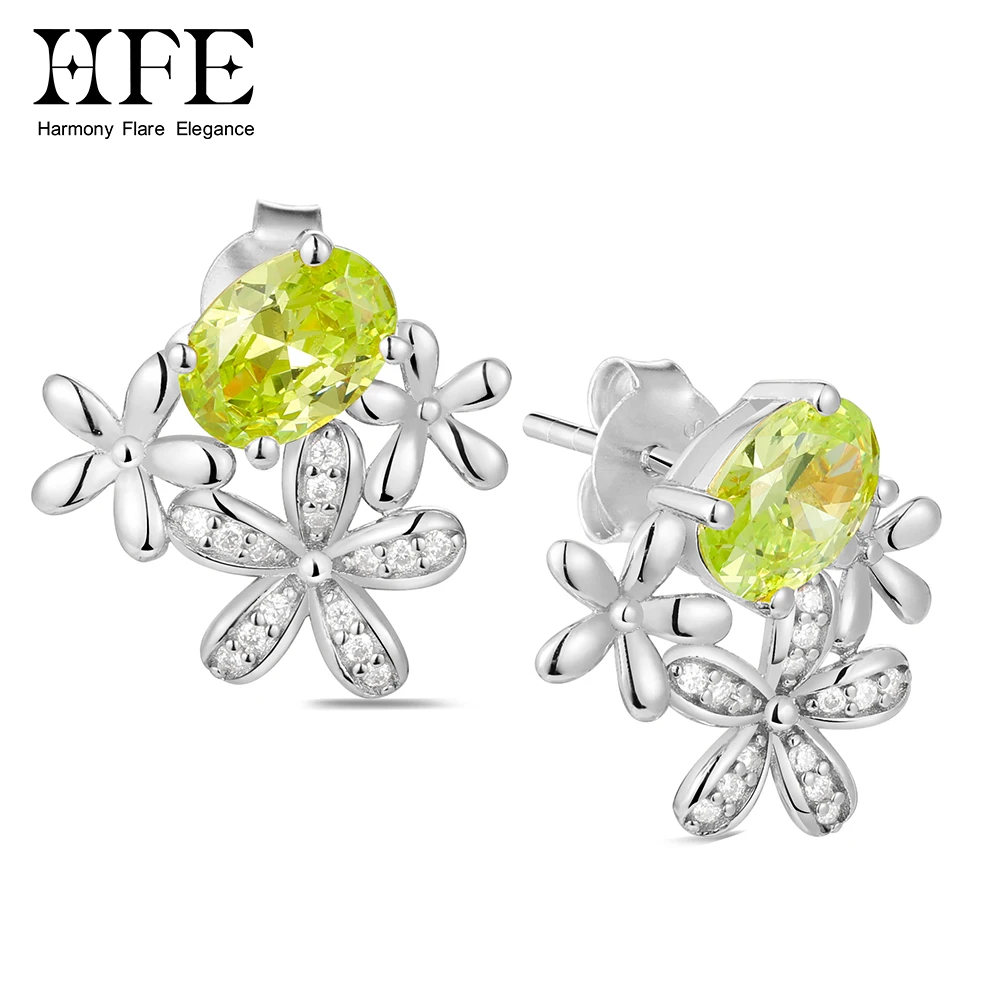 HFE Green Zircon & Moissanite Flower Earrings for Women 925 Silver Hypoallergenic Stud Earrings Fine Jewelry Birthday Party Gift