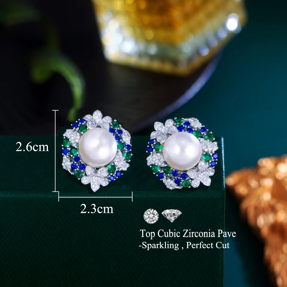 CWWZircons Vintage Micro Paved Cubic Zirconia Big Cluster Flower Pearl Stud Earrings for Women Chic Wedding Party Jewelry E1177