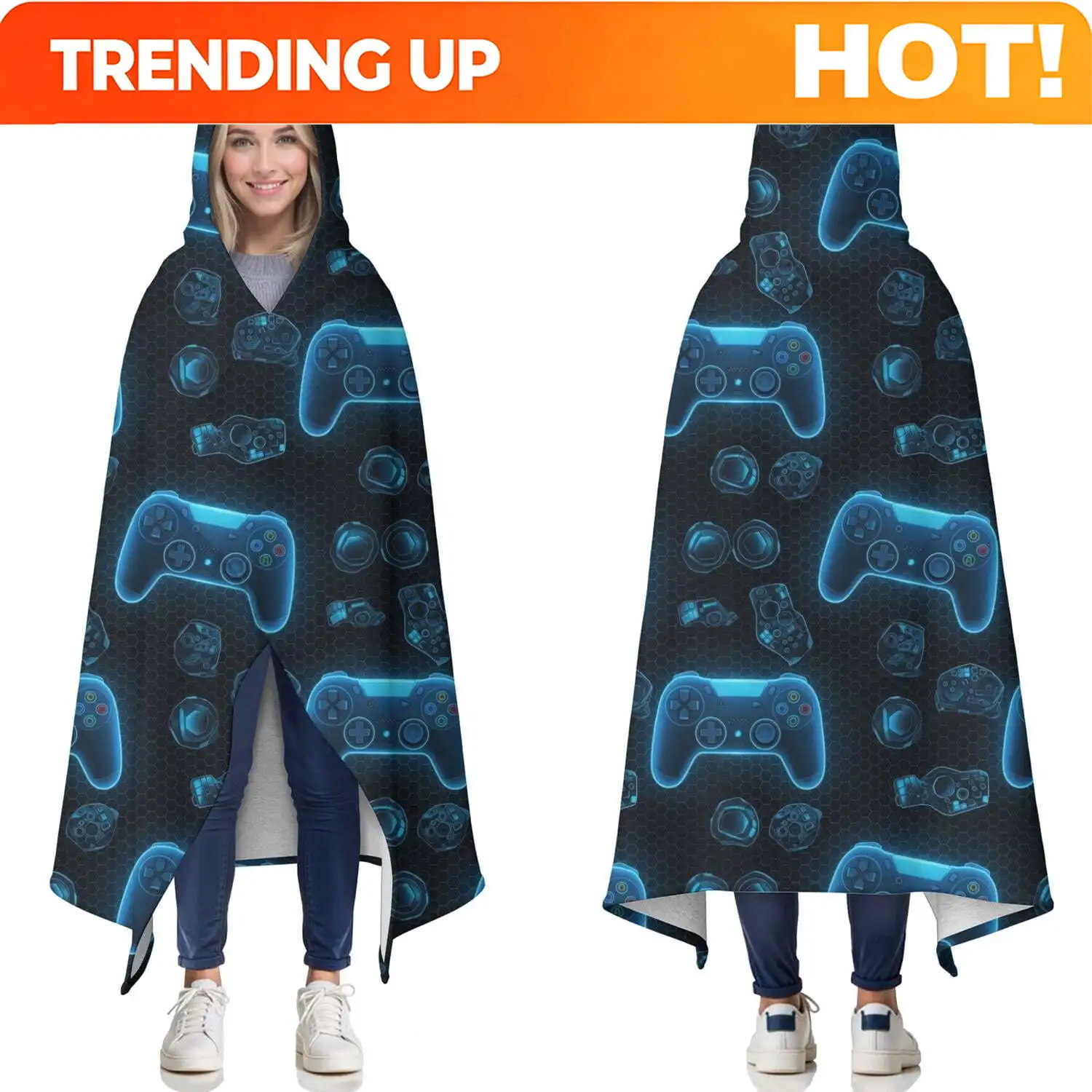 Customization Wearable Blanket,Neon Controllers Games Icons Black Pattern Hooded Wearable Sherpa Blanket For Adults & Teens,Wint