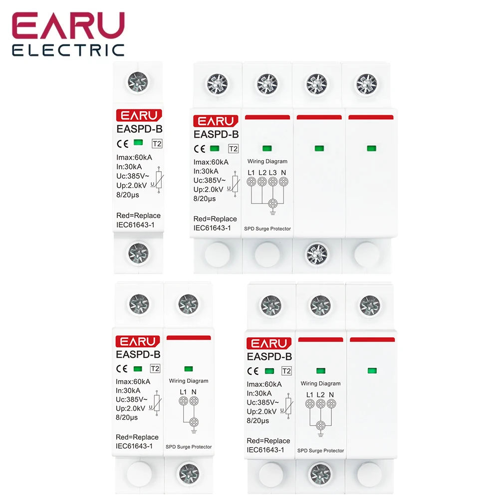 SPD AC 385V 1P 2P 3P 4P 20KA 30KA 40KA 60KA House Lightning Surge Protector Protective Solar PV Low-Voltage Arrester Device