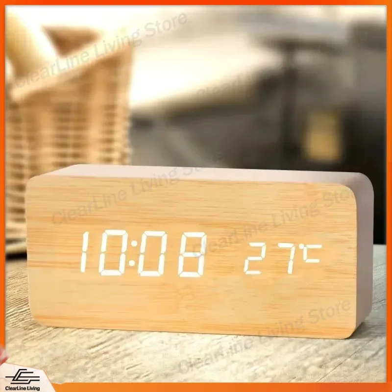 Wooden Digital Alarm Clock LED Display with Temperature Desk Clock for Office Bedside