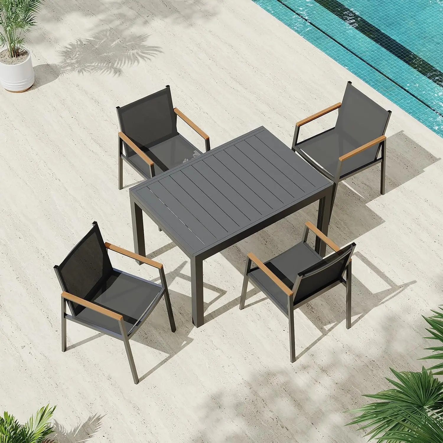 Expandable Patio Dining Table Set 6-8 Person Aluminum 4 Chairs Textilene & HDPS Armrest All-Weather Yard Garden, Customized