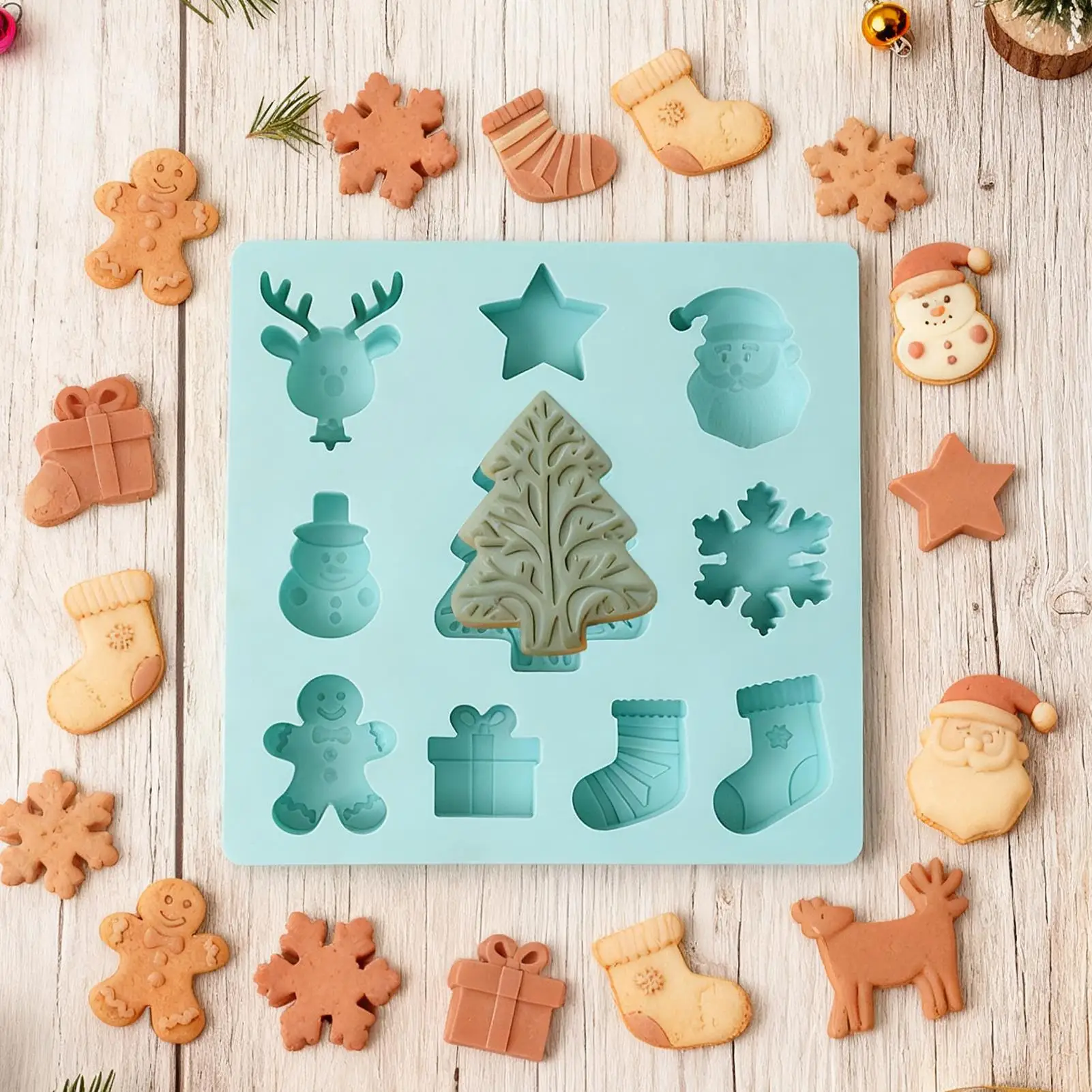 Christmas Silicone Baking Mold 10-Cavity Silicone Baking Molds Christmas Tree Snowman Snowflake Shaped Christmas Cake Mold