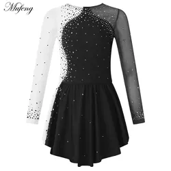 Girls Figure Ice Skating Dress Ballet Dance Gymnastics Leotard Tutu Long Sleeve Shiny Rhinestone Splice Roller Dresses Dancewear