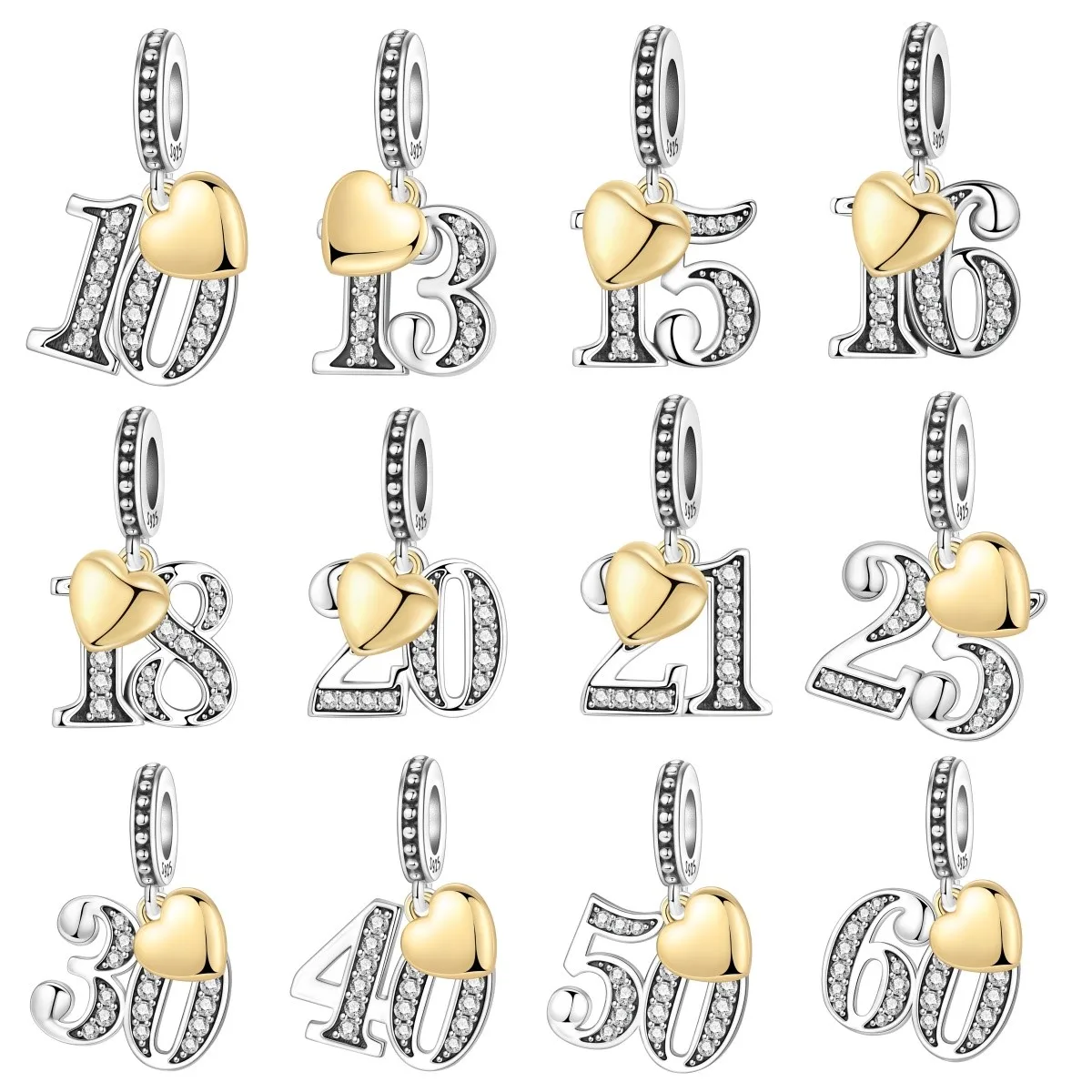 MISEFF S925 Sterling Silver Lucky Number 10,15,18,20 Heart Charm  Anniversary Celebration Pendant Original DIY Jewelry Making
