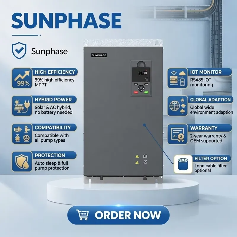 Inversor Solar Sunphase de 90kW 125HP 380VAC 3PH con MPPT de Alta Eficiencia (99%) para Bomba Solar de CC a CA 230V - 800VDC
