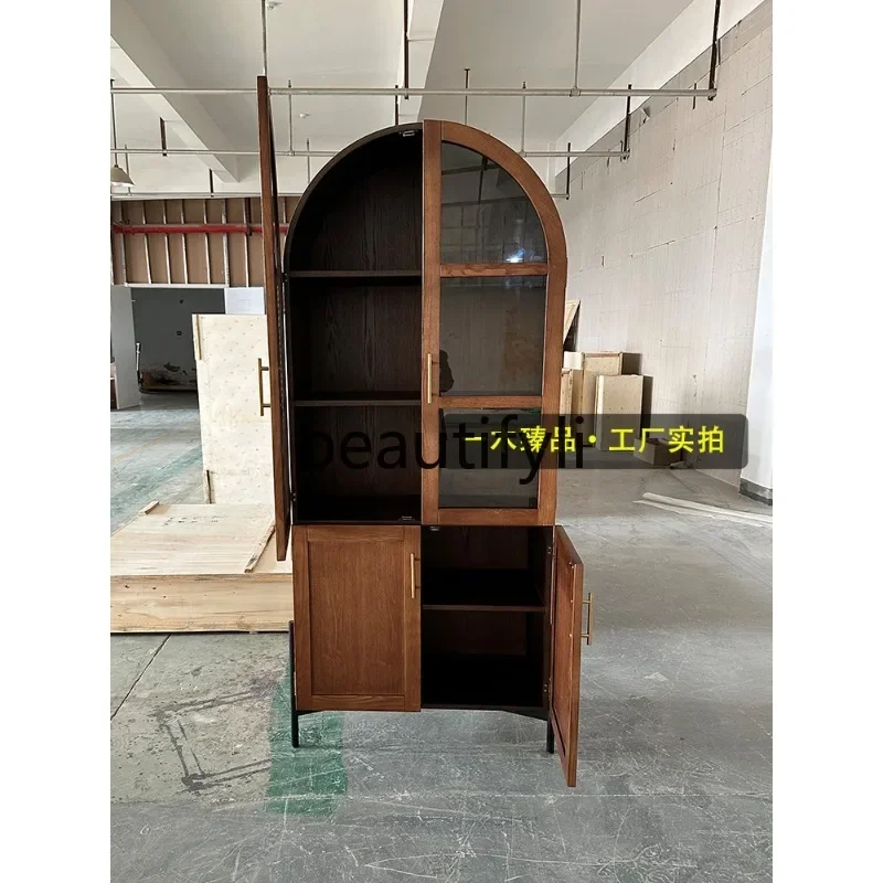 

07 American-style Light Luxury Solid Wood Floor Bookcase Living Room Arched Glass Door Storage Cabinet Wine Cabinet