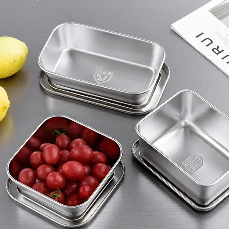 1Pc Stainless Steel Storage Serving Tray Rectangle Container With Lid Food Fruits Cake Storage Plates Home Kitchen Organizer