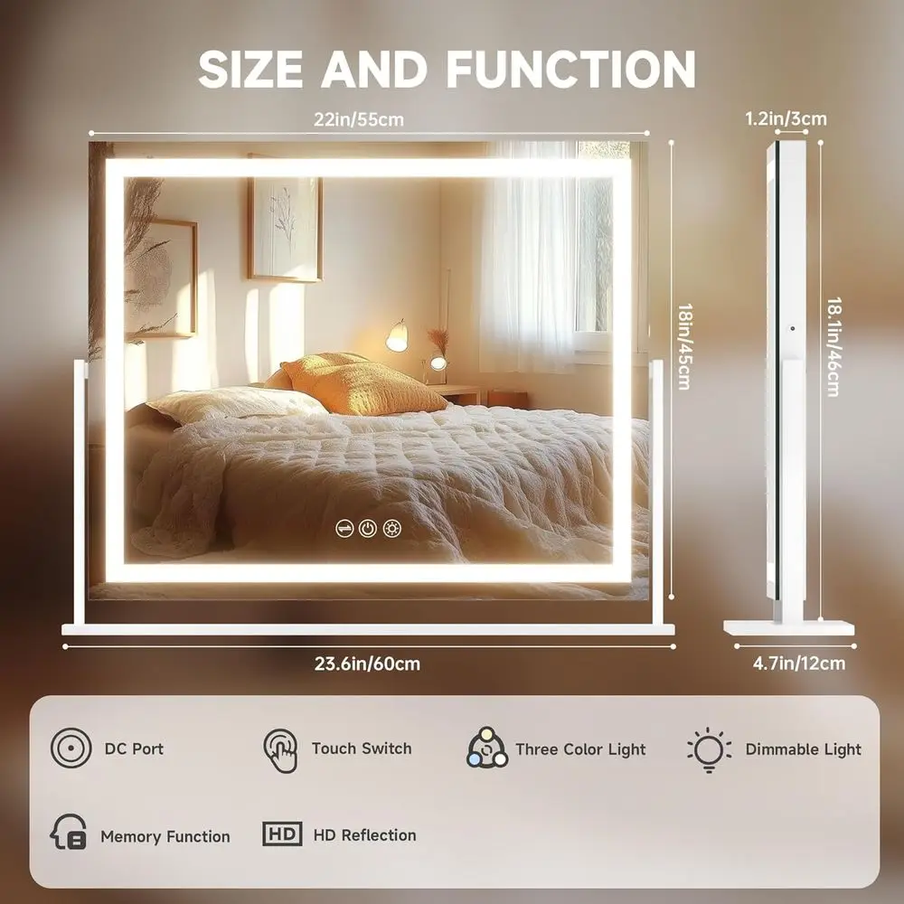 مرآة مكياج مضاءة بإضاءة LED، 23.6 × 18.1، تحكم باللمس، 3 ألوان سطوع قابل للتعديل، 360 درجة ° دوار (أبيض) #4