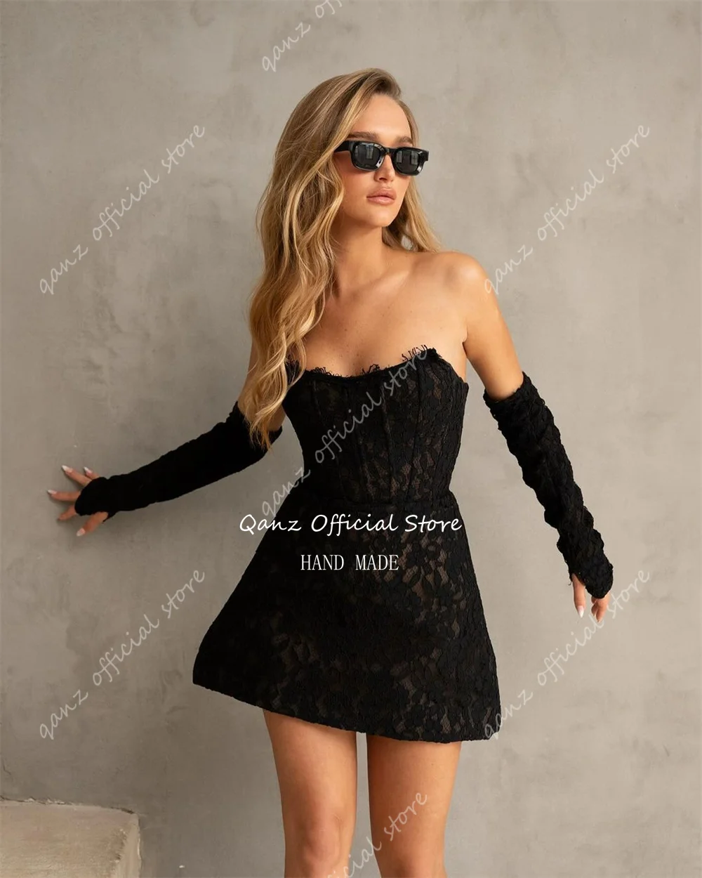 Qanz Modern Prom Dresses Long Sleeves Full Black Lace Coctail Dresses Short Vestidos Gala Con Corset Sexy Party Gown Customized