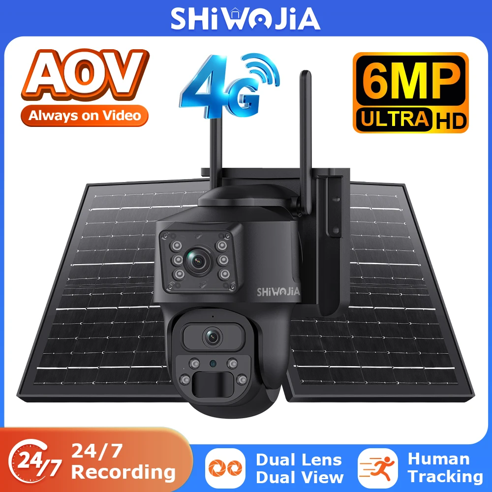 SHIWOJIA AOV 24/7 Recording 4K Dual Lens 4G AI Solar Camera Outdoor Security Camera Network 10050mAh Auto Tracking Two-Way