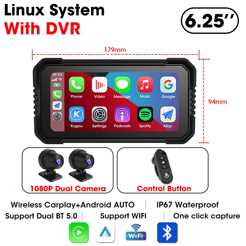 Jansite Portable 6.25" Motorcycle GPS Navigation Wireless Carplay Android Auto DVR Drive Recorder Moto Monitor IPX7 Waterproof image 3