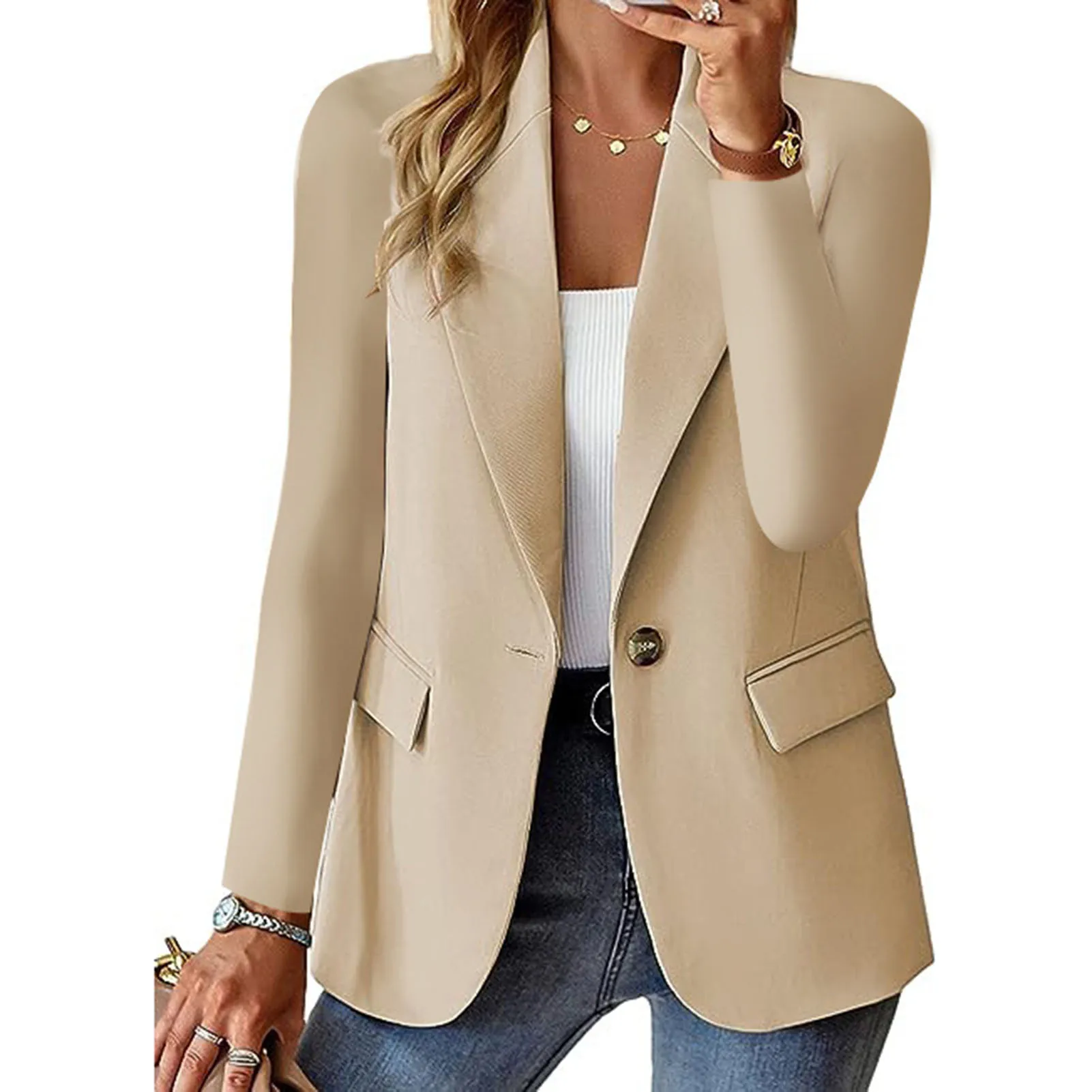 Women Solid Color Suit Jacket Long Sleeve Open Front Lapel Button Jacket for Women Formal Daily Party Ball