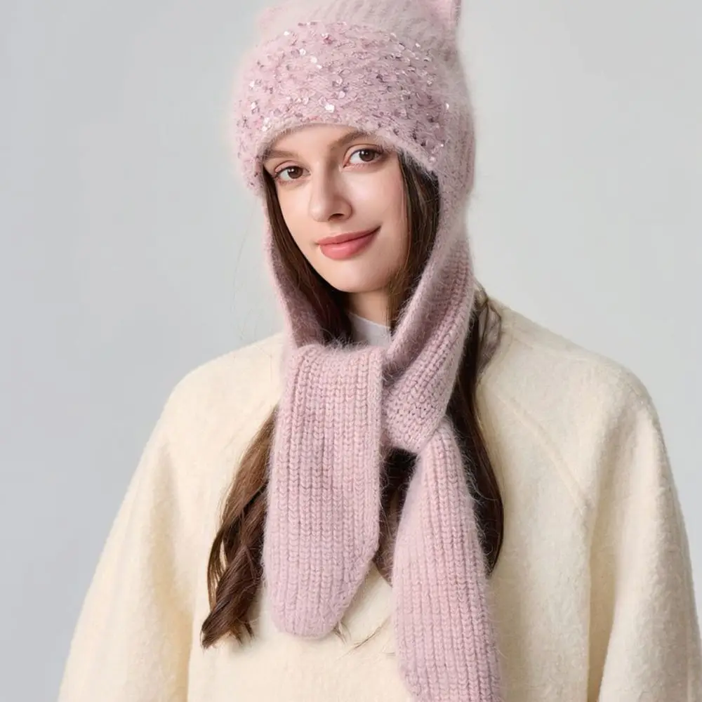 Knitted Hooded Scarf Hat Set Winter Warm Cute Cat Ear Beanie Fashion Soft Sweet Style Trendy Outdoor Headgear Wrap