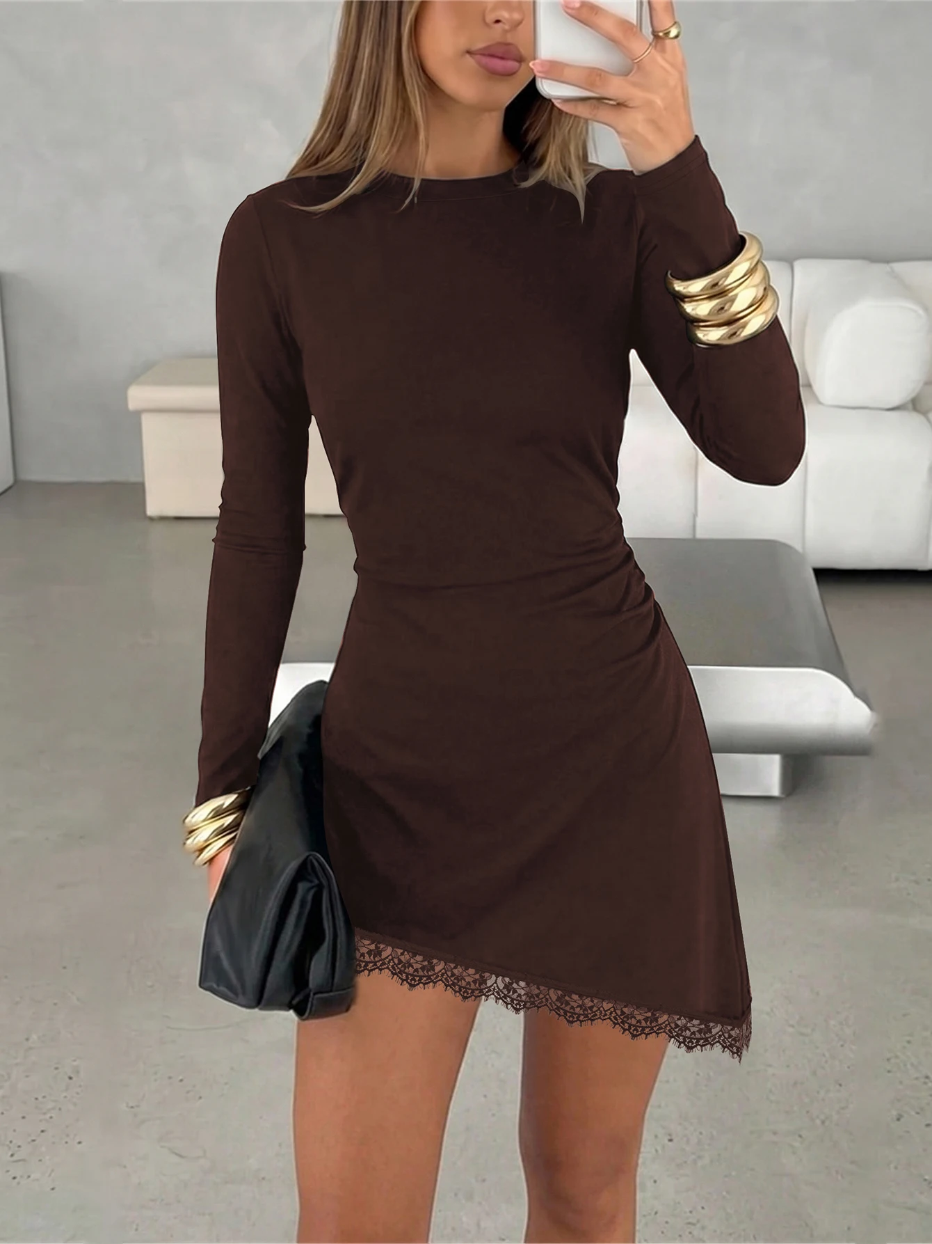 Hugcitar Women'S Fashion Long Sleeve Solid Patchwork Lace Sexy Irregular Mini Dress Autumn Clothes Streetwear Party Vacation