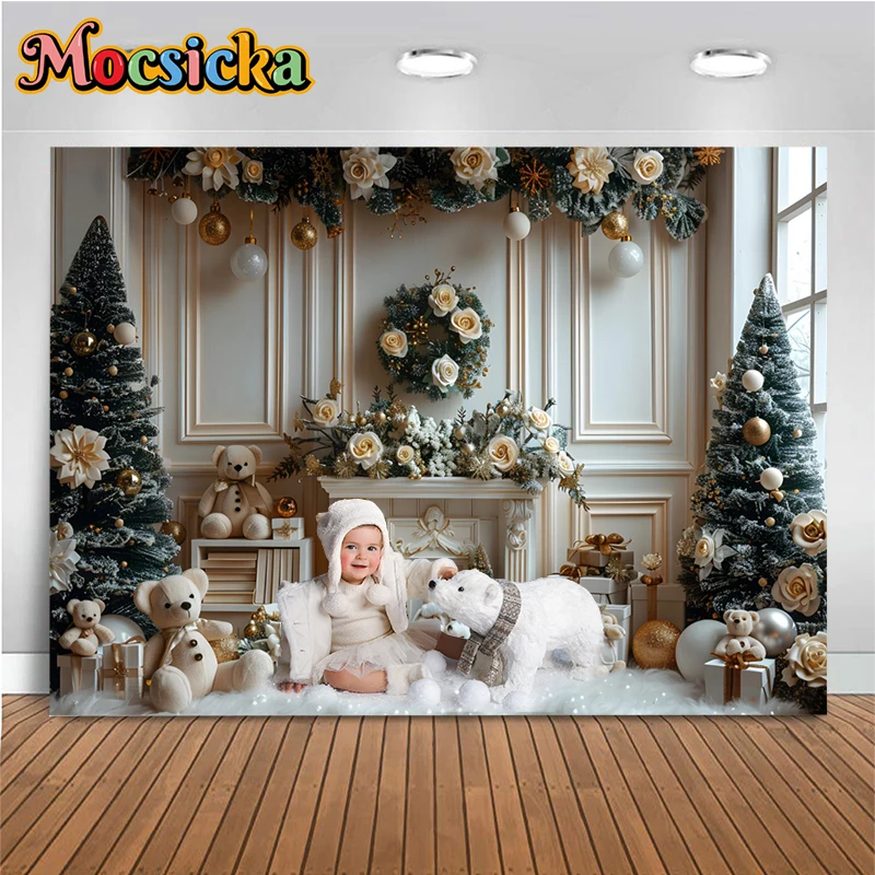 

Christmas Tree Backdrop White Rose Bear Gift Indoor Wall Home Kid Backgrounds For Shooting Party Decorations Children Photozone