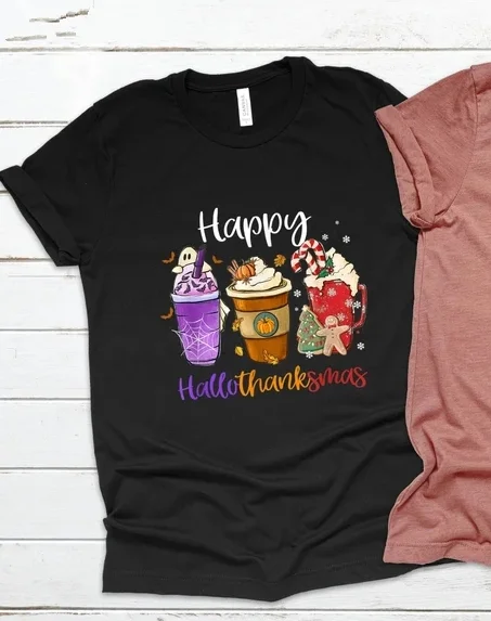 Coffee Latte Halloween Thanksgiving Christmas Happy Hallothanksmas Funny Holiday Trick Treat 100% Cotton harajuku Drop Shipping