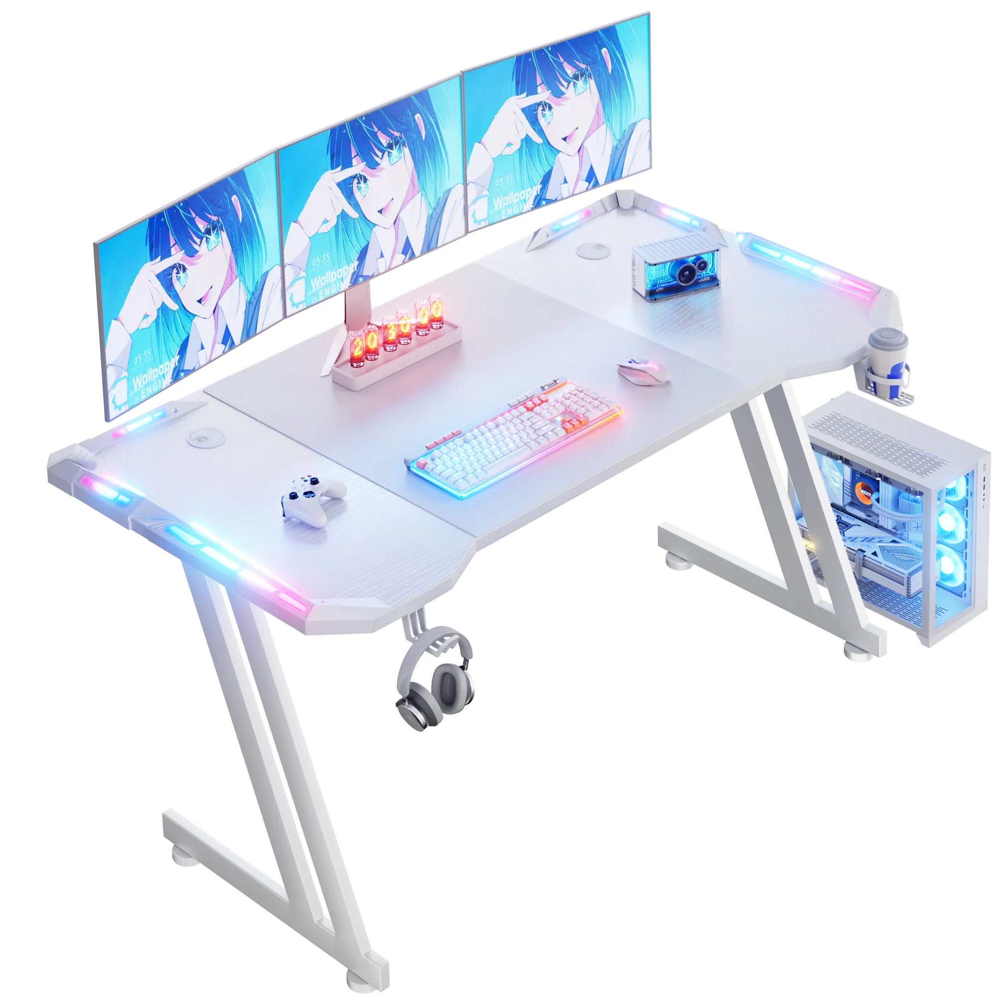 47/55/63inch Gaming Desk, Carbon Fibre Gaming Table with LED Lights, Z Shaped Ergonomic Desk with Cup Holder & Headphone Hook, White