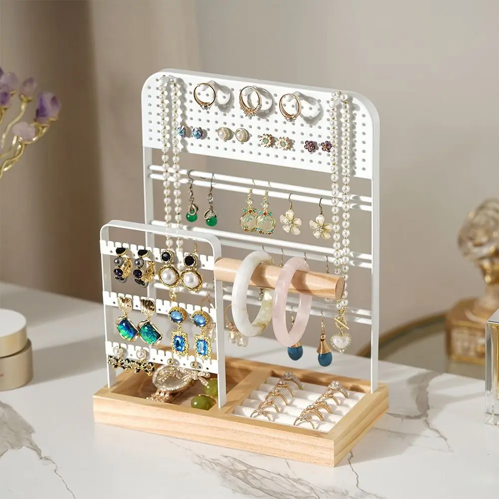 Showcase Wooden Necklaces Easel Metal Solid Wood Jewelry Collection Rack with Hooks Removable Earrings Jewelry Hanging