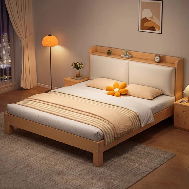 

Minimalist Double Bed Modern Aesthetic Wood Queen Size Bedroom Bed Multifunctional Storage Letto Matrimoniale Home Furniture