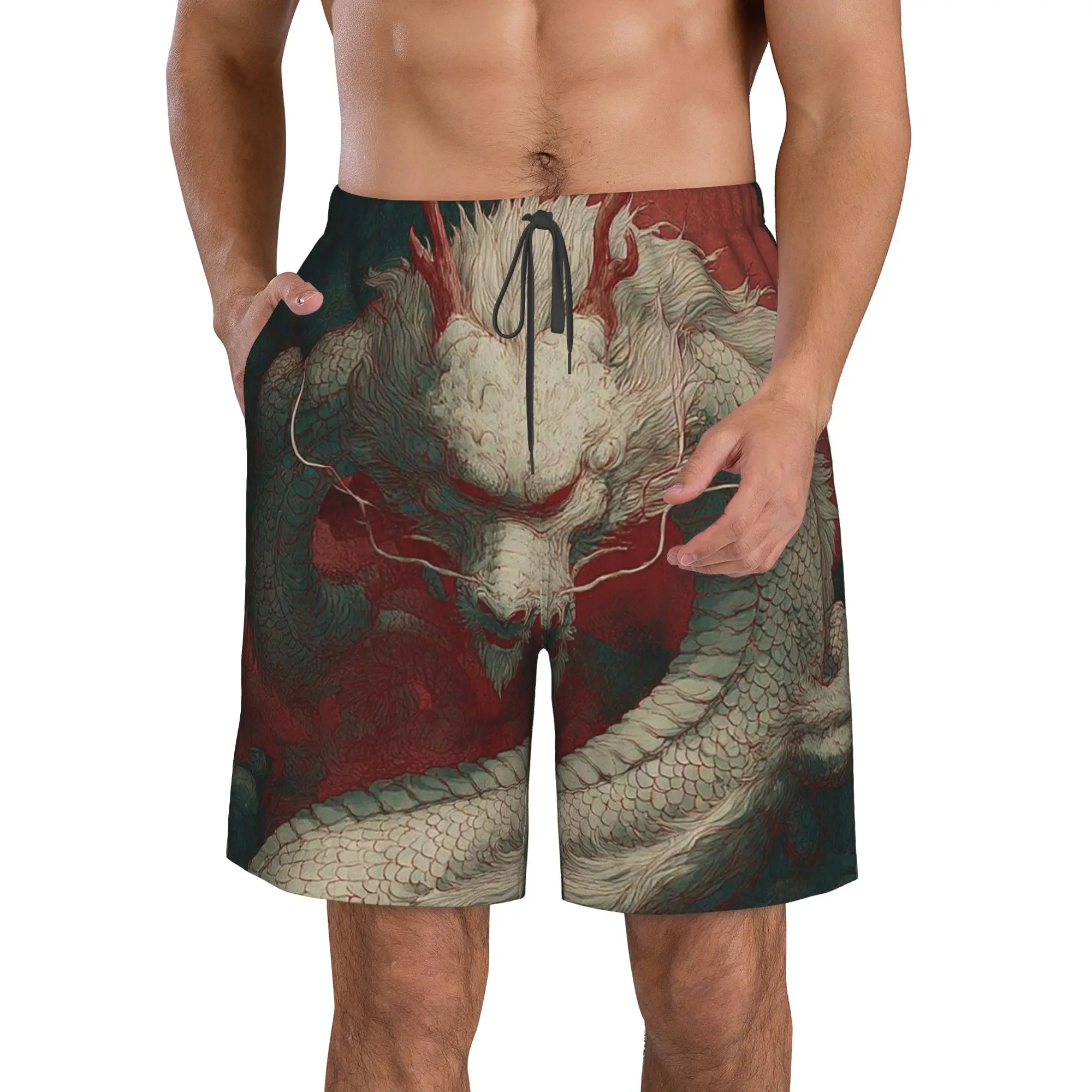 Ancient Mysterious White Dragon Trunks Beach Board Shorts Casual Quick Dry Swimming Summer Men Pants