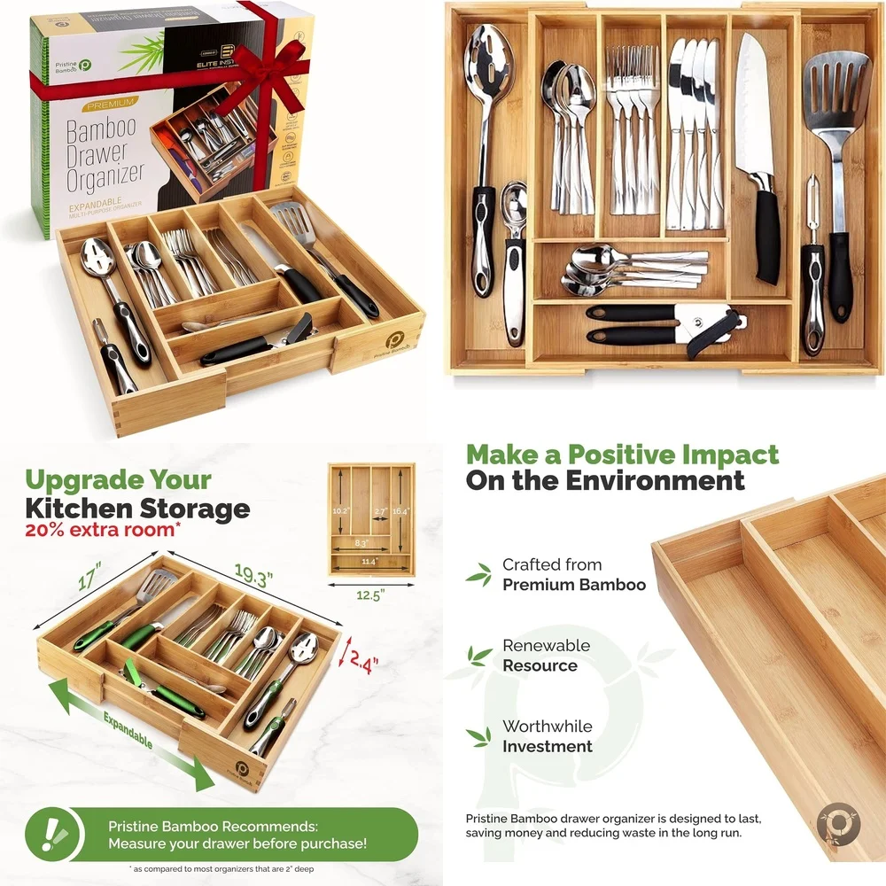 

Bamboo Cutlery Tray Drawer Organizer for Kitchen Storage Utensil Holder Eco Friendly Natural Wood Drawer Divider Space Saving